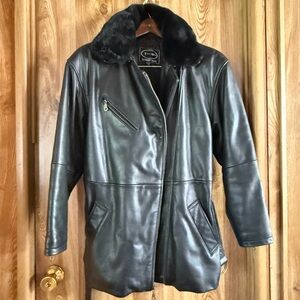 Vintage Tannery West black mid length leather belted trench coat women’s XS